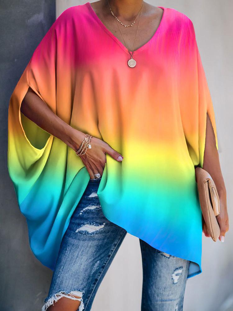 Gradient Color Tie Dye Print Batwing Sleeve Casual Top - LuckyFash™