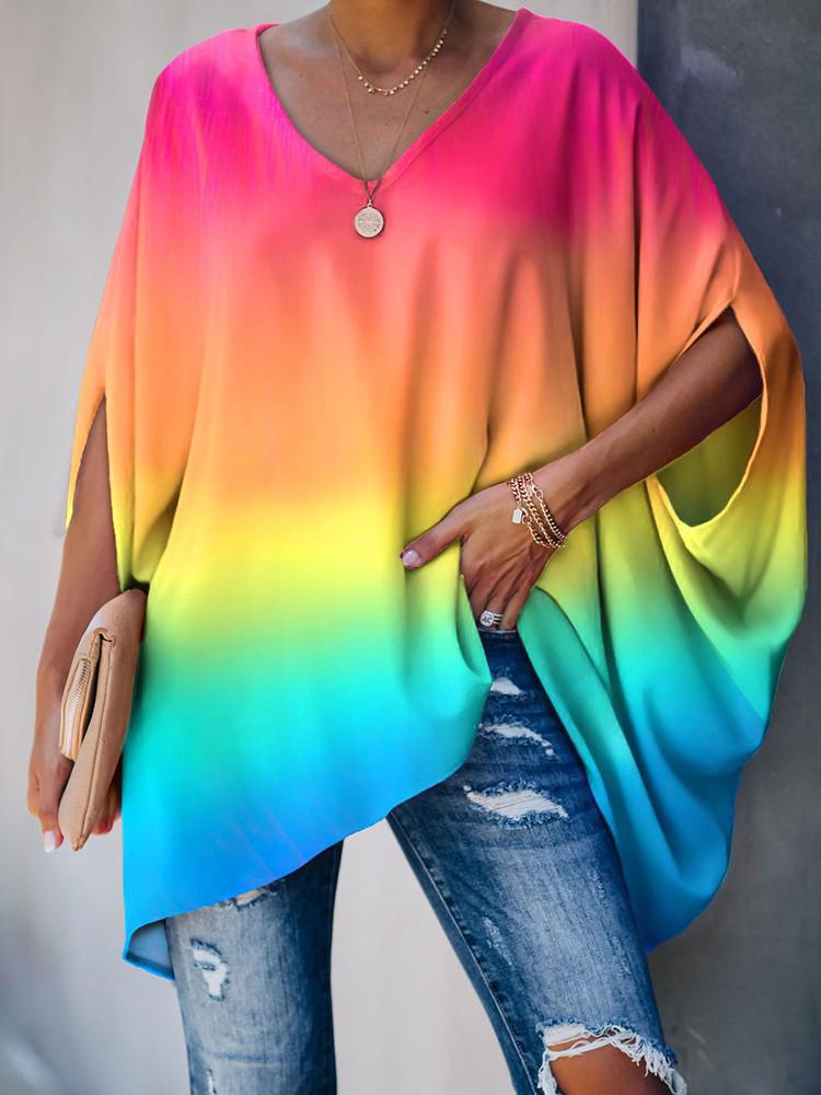 Gradient Color Tie Dye Print Batwing Sleeve Casual Top - LuckyFash™