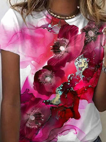 Gradient Floral Print Round Neck Short Sleeves T-Shirts - LuckyFash™