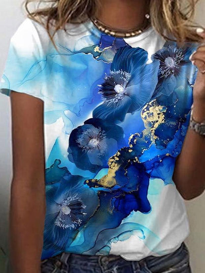 Gradient Floral Print Round Neck Short Sleeves T-Shirts - LuckyFash™
