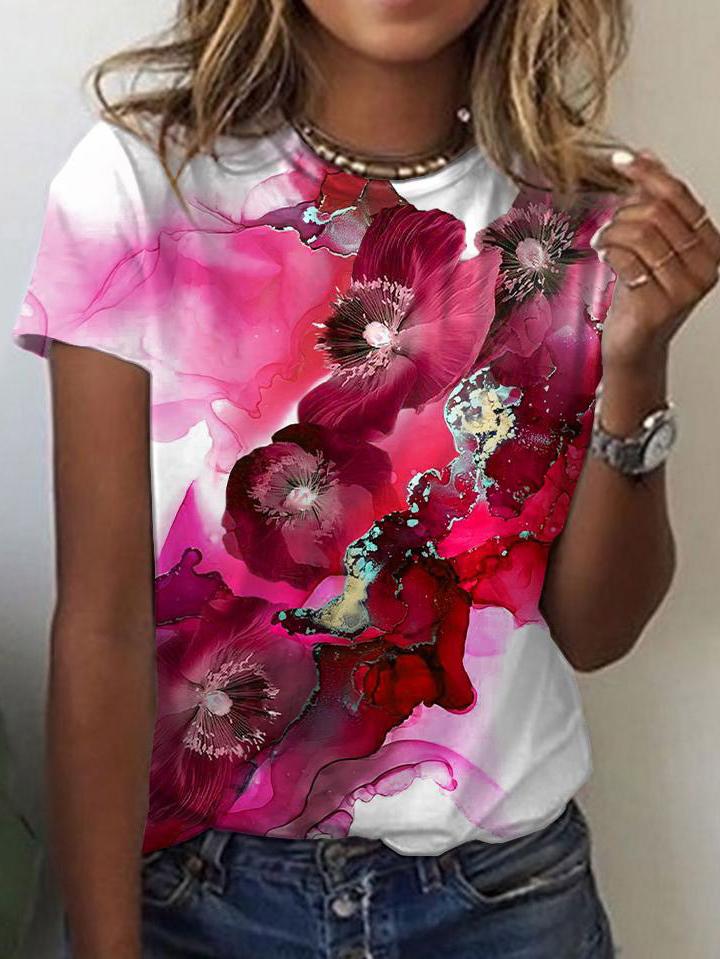 Gradient Floral Print Round Neck Short Sleeves T-Shirts - LuckyFash™