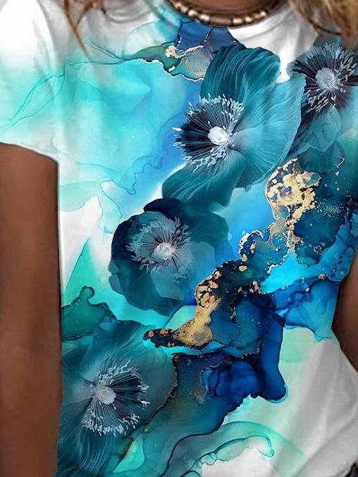 Gradient Floral Print Round Neck Short Sleeves T-Shirts - LuckyFash™