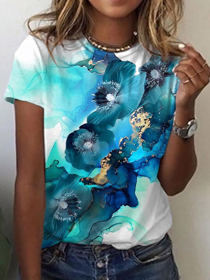 Gradient Floral Print Round Neck Short Sleeves T-Shirts - LuckyFash™