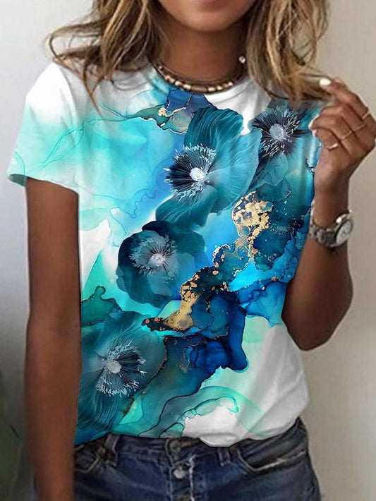 Gradient Floral Print Round Neck Short Sleeves T-Shirts - LuckyFash™