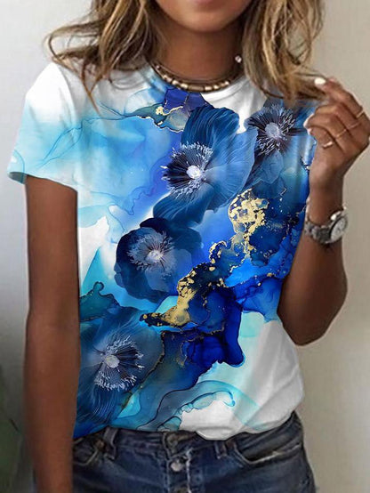 Gradient Floral Print Round Neck Short Sleeves T-Shirts - LuckyFash™