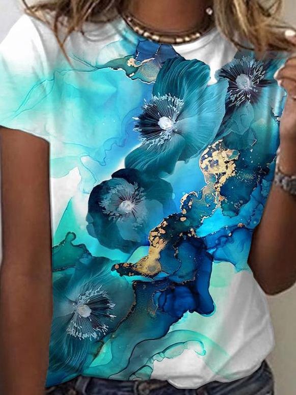 Gradient Floral Print Round Neck Short Sleeves T-Shirts - LuckyFash™