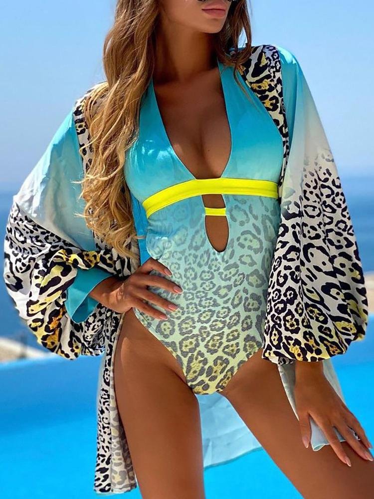 Gradient Leopard Print Plunge Halter Swimwear & Cover Up Set - LuckyFash™