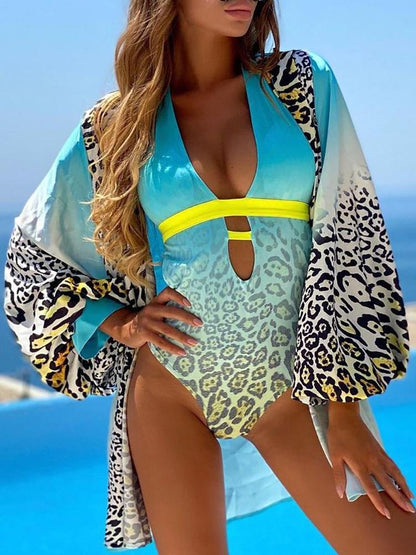 Gradient Leopard Print Plunge Halter Swimwear & Cover Up Set - LuckyFash™