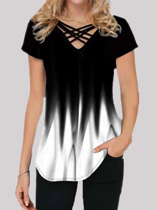 Gradient Print Casual Short-sleeved V-neck T-shirt - LuckyFash™