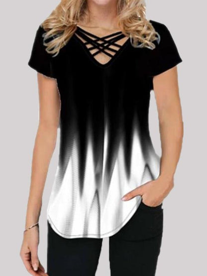 Gradient Print Casual Short-sleeved V-neck T-shirt - LuckyFash™