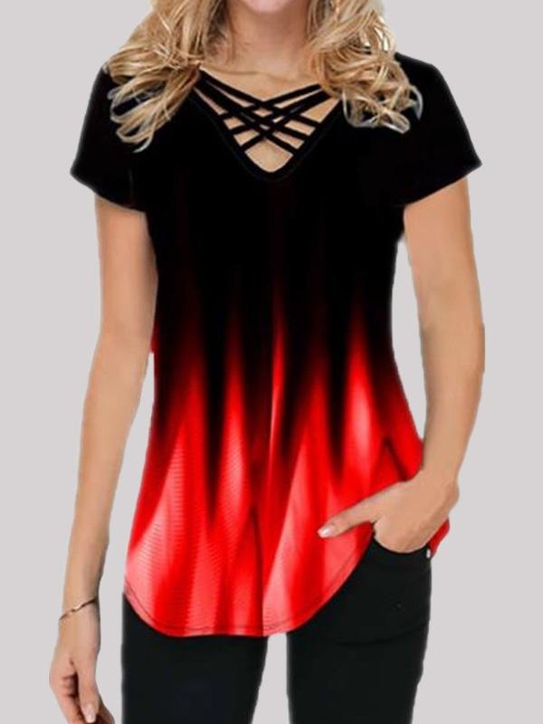 Gradient Print Casual Short-sleeved V-neck T-shirt - LuckyFash™