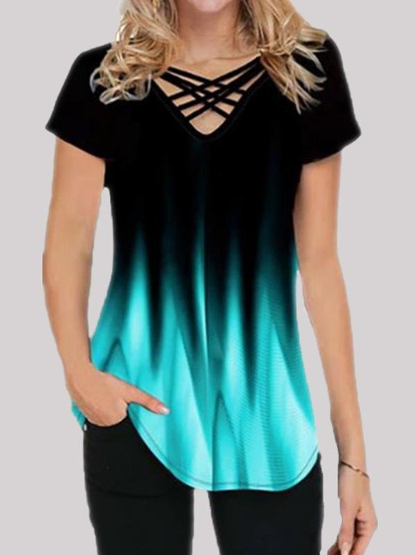 Gradient Print Casual Short-sleeved V-neck T-shirt - LuckyFash™