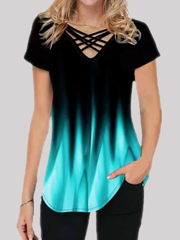 Gradient Print Casual Short-sleeved V-neck T-shirt - LuckyFash™