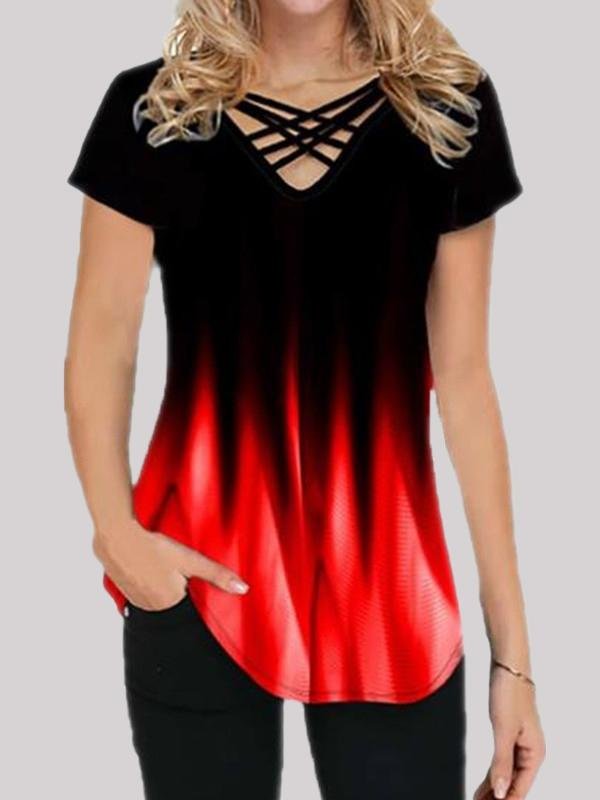 Gradient Print Casual Short-sleeved V-neck T-shirt - LuckyFash™