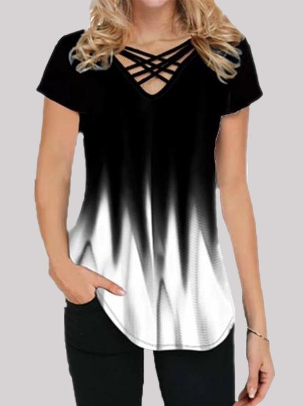 Gradient Print Casual Short-sleeved V-neck T-shirt - LuckyFash™