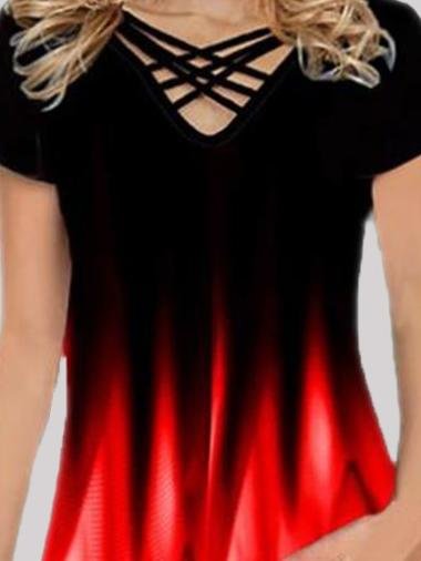 Gradient Print Casual Short-sleeved V-neck T-shirt - LuckyFash™