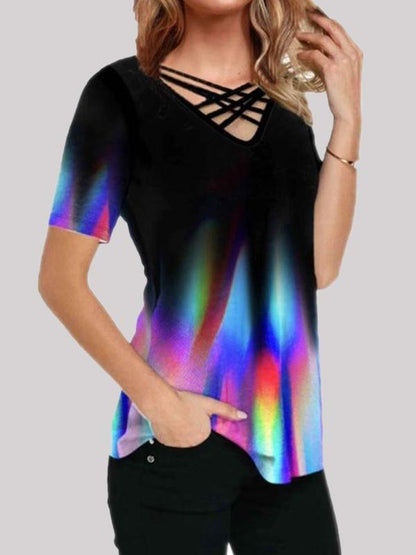 Gradient Print Casual Short-sleeved V-neck T-shirt - LuckyFash™