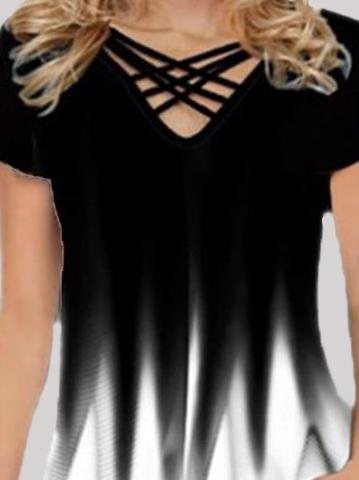 Gradient Print Casual Short-sleeved V-neck T-shirt - LuckyFash™