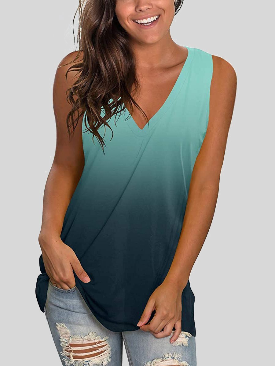 Gradient Print Sleeveless V-Neck Loose Tank Top - LuckyFash™