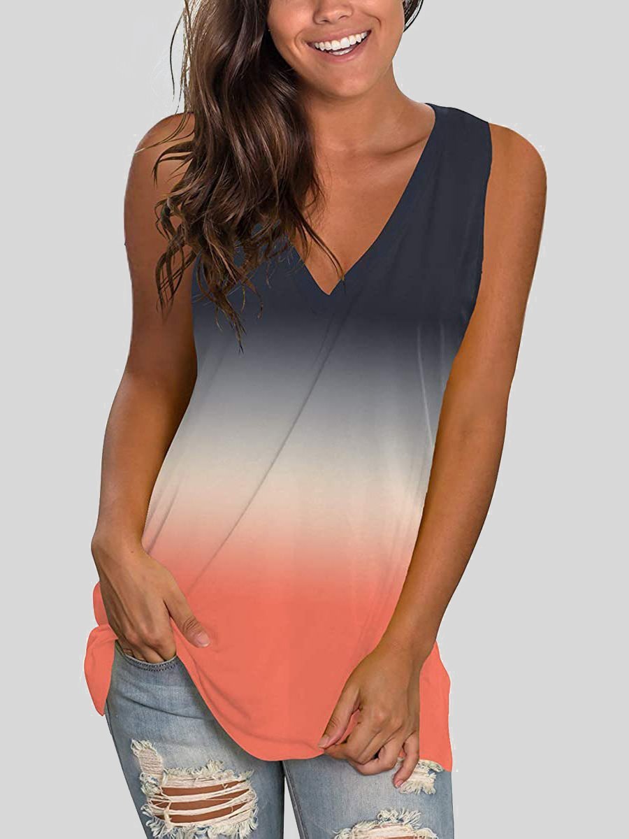 Gradient Print Sleeveless V-Neck Loose Tank Top - LuckyFash™