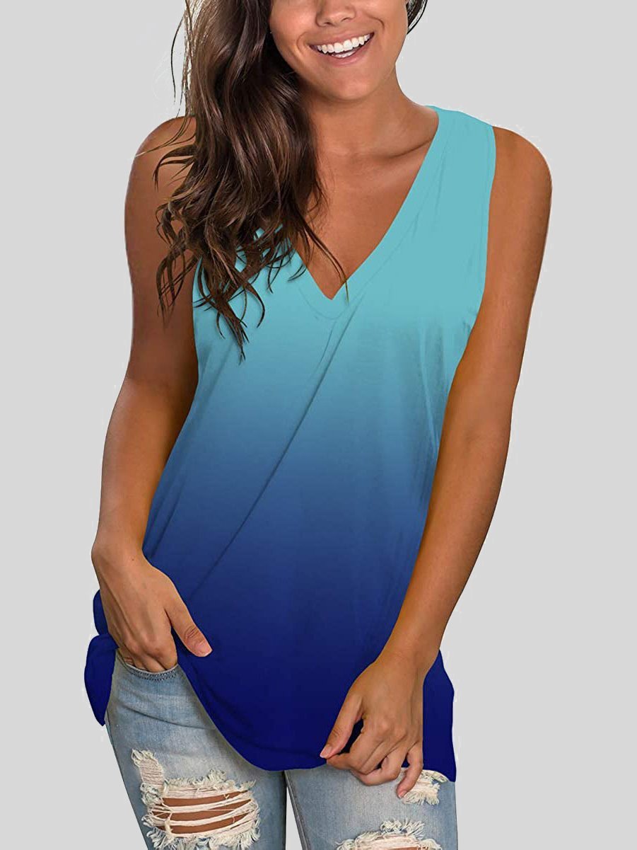 Gradient Print Sleeveless V-Neck Loose Tank Top - LuckyFash™