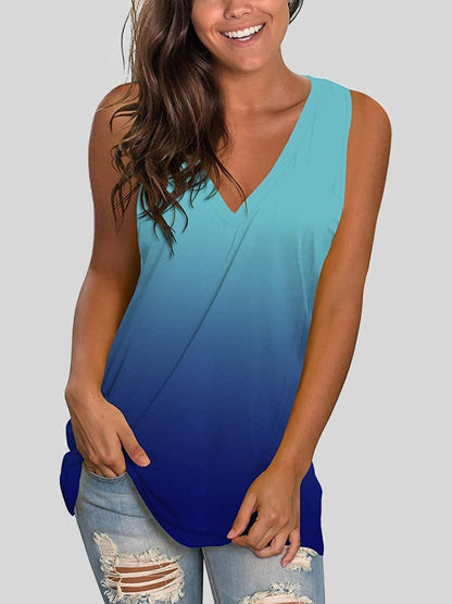 Gradient Print Sleeveless V-Neck Loose Tank Top - LuckyFash™