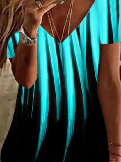 Gradient Print V-Neck Short Sleeves T-shirts - LuckyFash™