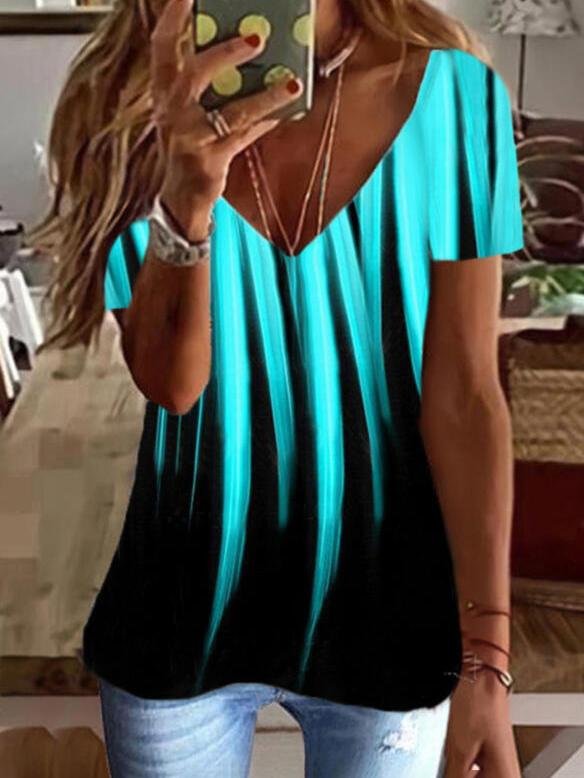 Gradient Print V-Neck Short Sleeves T-shirts - LuckyFash™