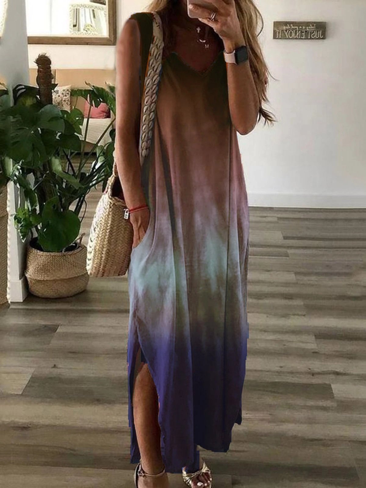 Gradient Tie-dye Print Sleeveless Long Dress - LuckyFash™