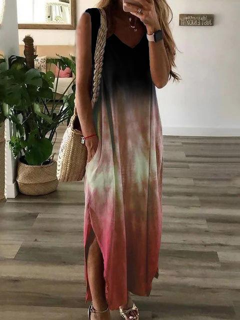 Gradient Tie-dye Print Sleeveless Long Dress - LuckyFash™