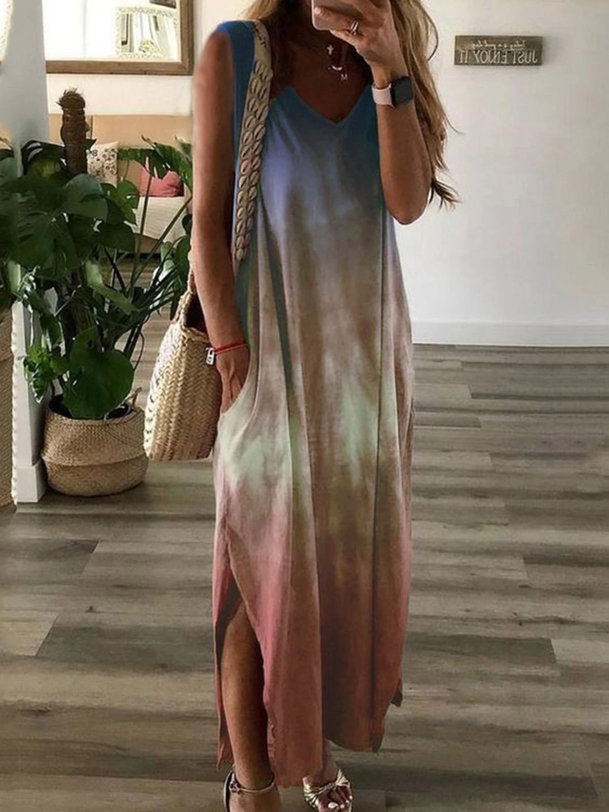 Gradient Tie-dye Print Sleeveless Long Dress - LuckyFash™