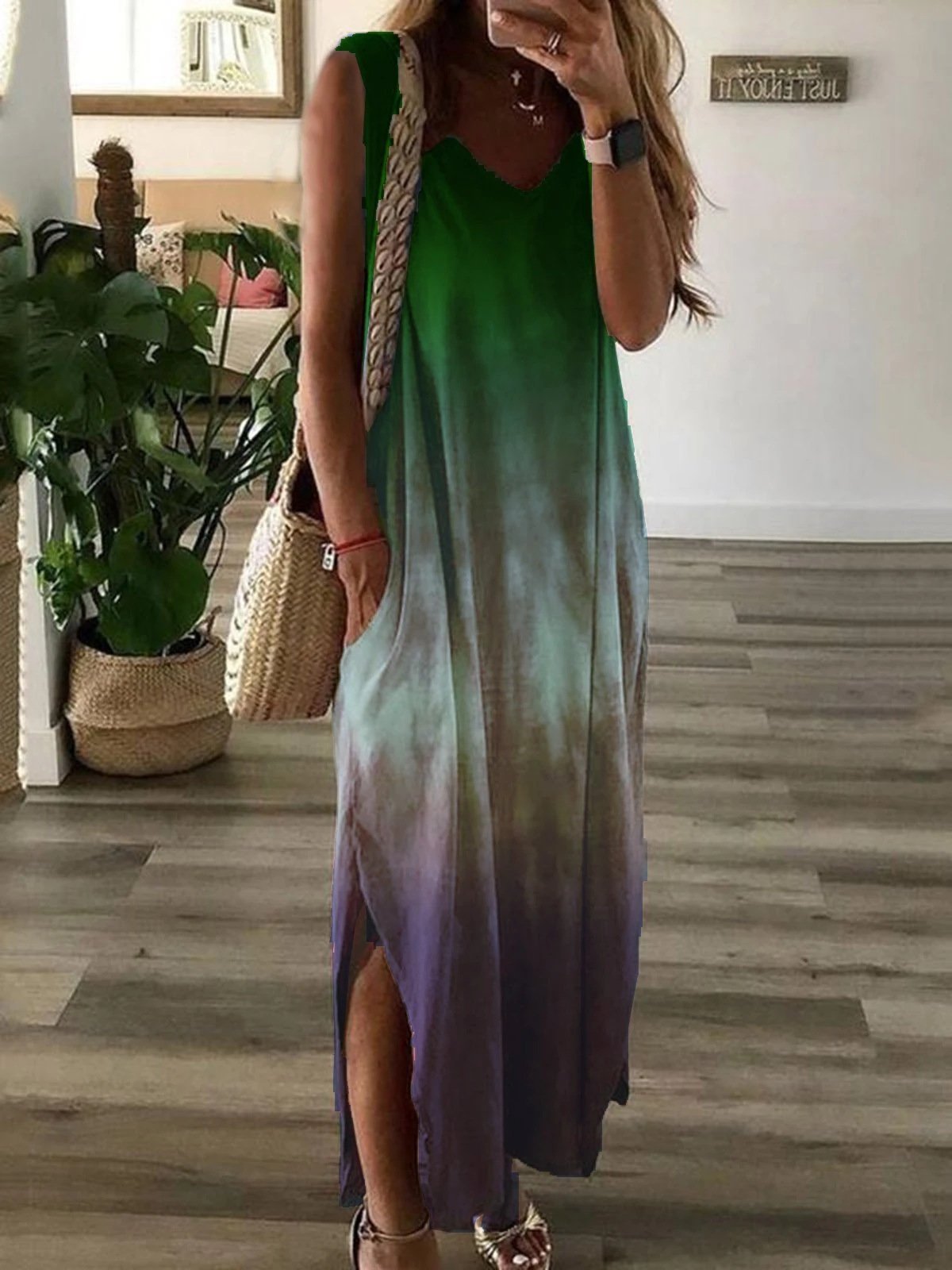 Gradient Tie-dye Print Sleeveless Long Dress - LuckyFash™