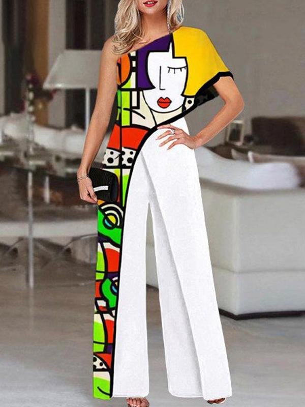 Graffiti Printed Slant Shoulder High Waist Jumpsuit - LuckyFash™