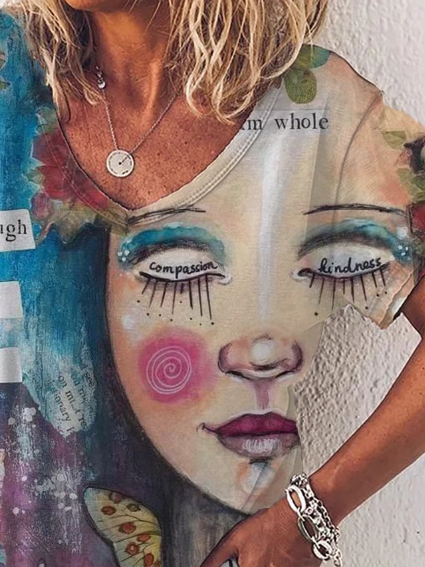 Graphic Gradient V-Neck Print Short Sleeve T-Shirt - LuckyFash™