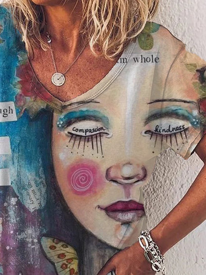 Graphic Gradient V-Neck Print Short Sleeve T-Shirt - LuckyFash™