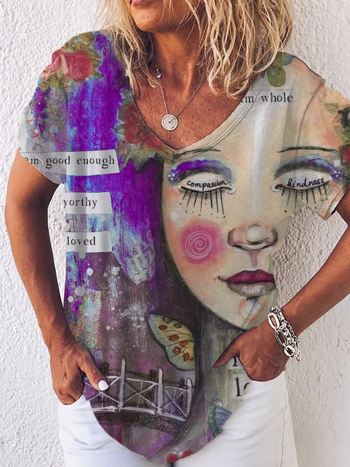 Graphic Gradient V-Neck Print Short Sleeve T-Shirt - LuckyFash™