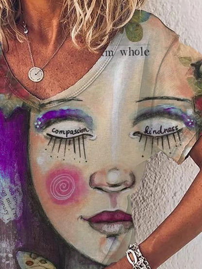 Graphic Gradient V-Neck Print Short Sleeve T-Shirt - LuckyFash™