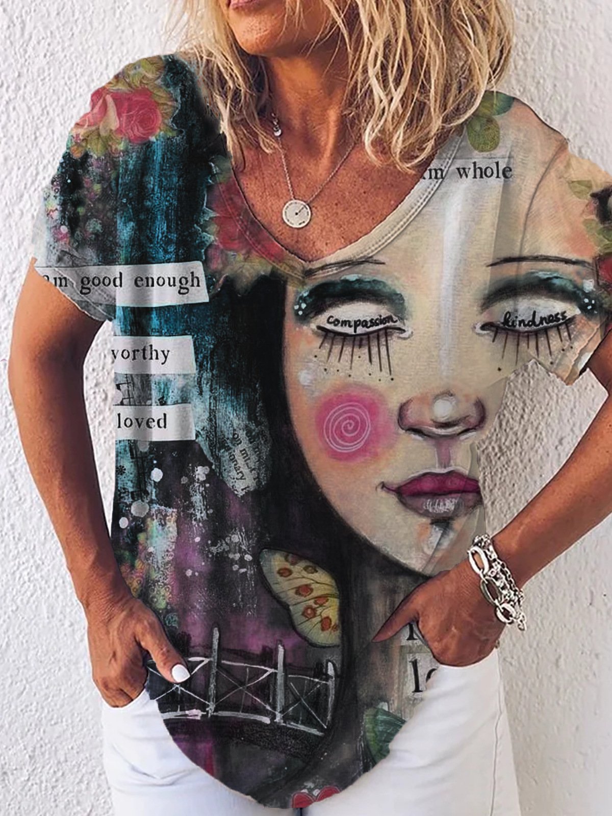 Graphic Gradient V-Neck Print Short Sleeve T-Shirt - LuckyFash™