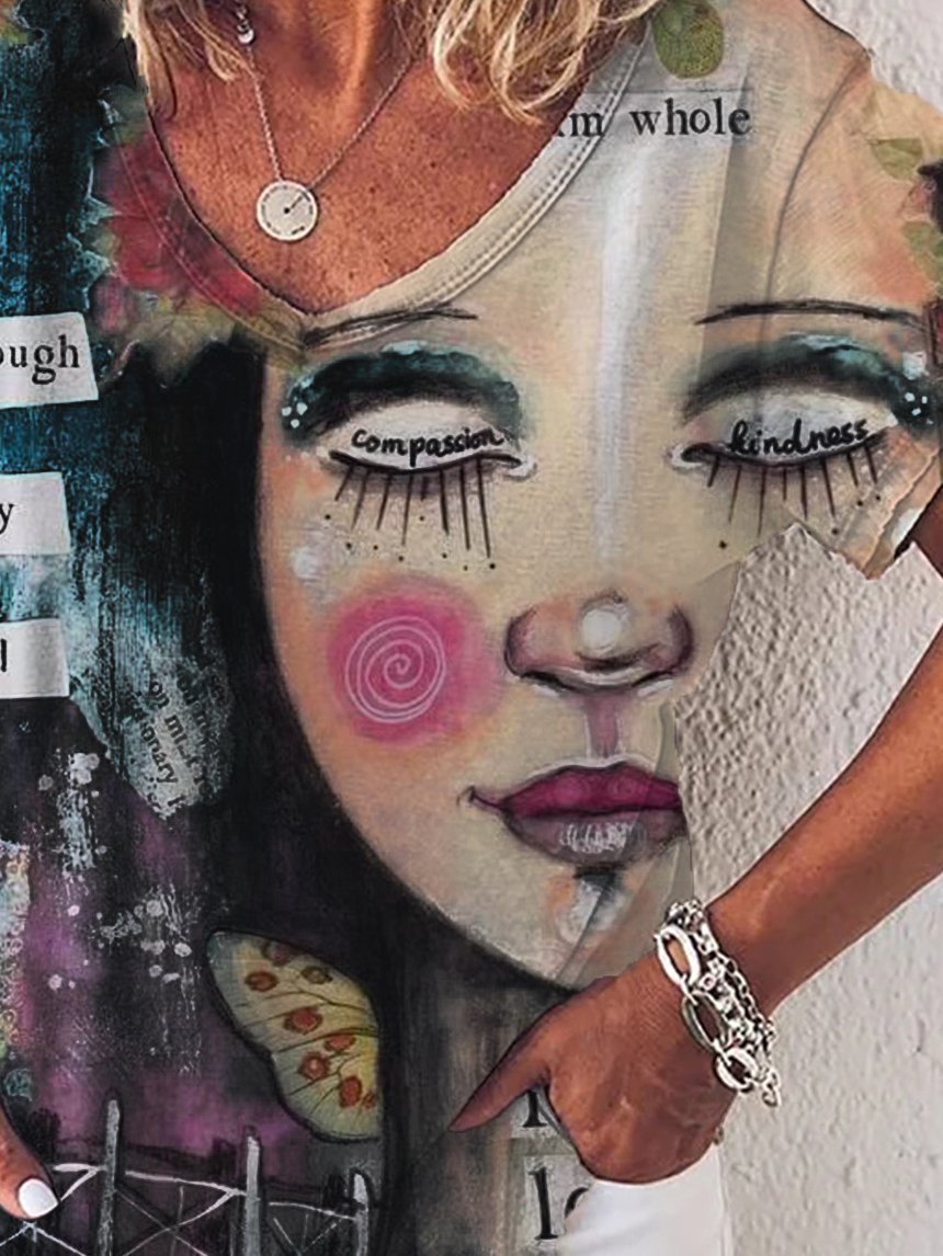 Graphic Gradient V-Neck Print Short Sleeve T-Shirt - LuckyFash™