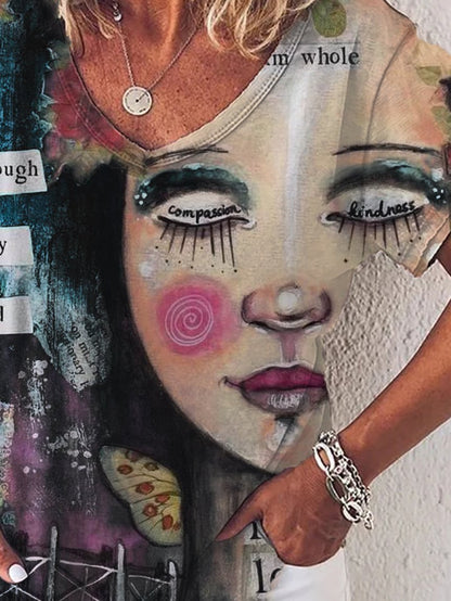 Graphic Gradient V-Neck Print Short Sleeve T-Shirt - LuckyFash™