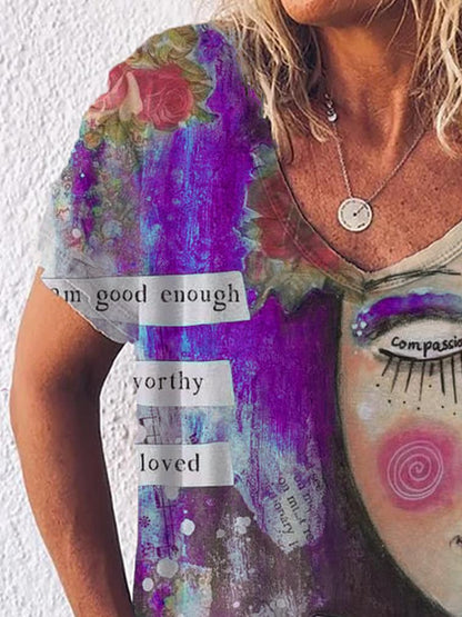 Graphic Gradient V-Neck Print Short Sleeve T-Shirt - LuckyFash™