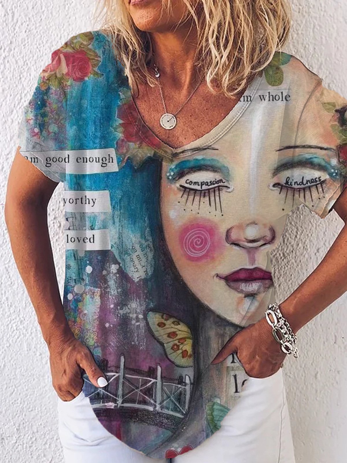 Graphic Gradient V-Neck Print Short Sleeve T-Shirt - LuckyFash™