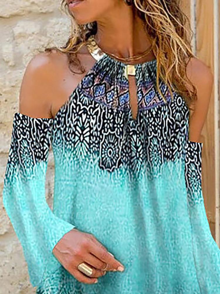 Graphic Print Colorblock Cold Shoulder Long Sleeve Dress - LuckyFash™