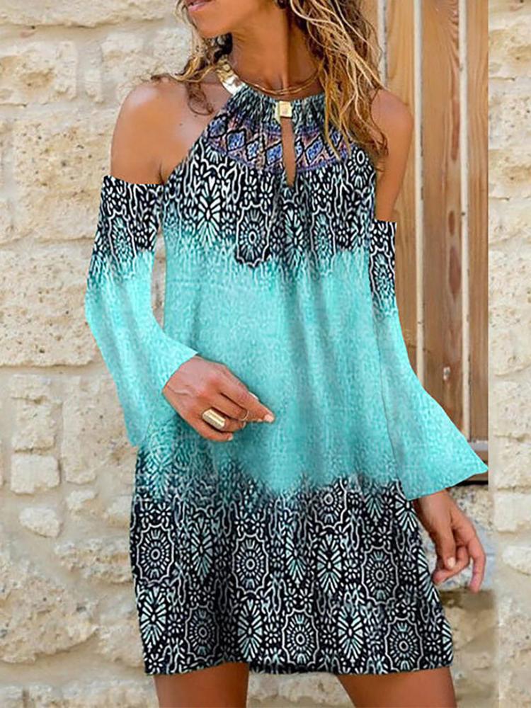 Graphic Print Colorblock Cold Shoulder Long Sleeve Dress - LuckyFash™