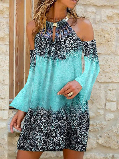 Graphic Print Colorblock Cold Shoulder Long Sleeve Dress - LuckyFash™