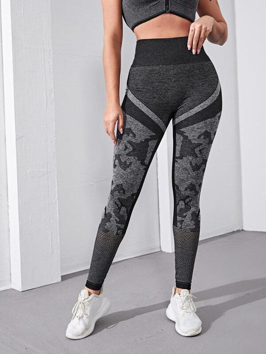 Graphic Print Hallow Out Wide Band Waist Sports Leggings - LuckyFash™