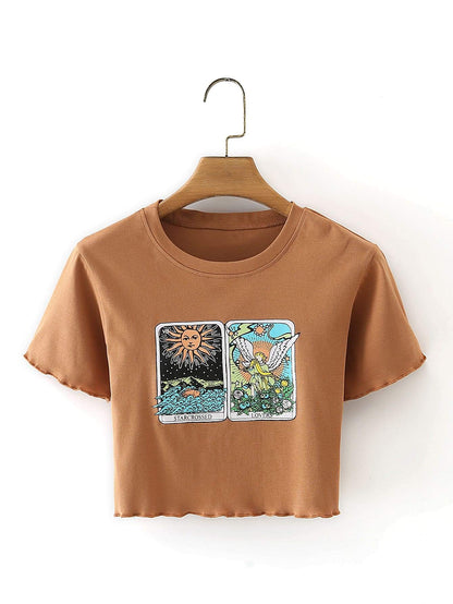 Graphic Print Round Neck Crop Tee - LuckyFash™
