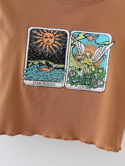 Graphic Print Round Neck Crop Tee - LuckyFash™