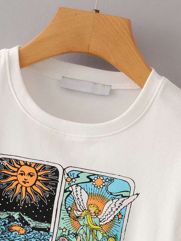 Graphic Print Round Neck Crop Tee - LuckyFash™