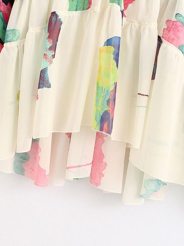 Graphic Print Ruffle Hem Sheer Chiffon Blouse - LuckyFash™